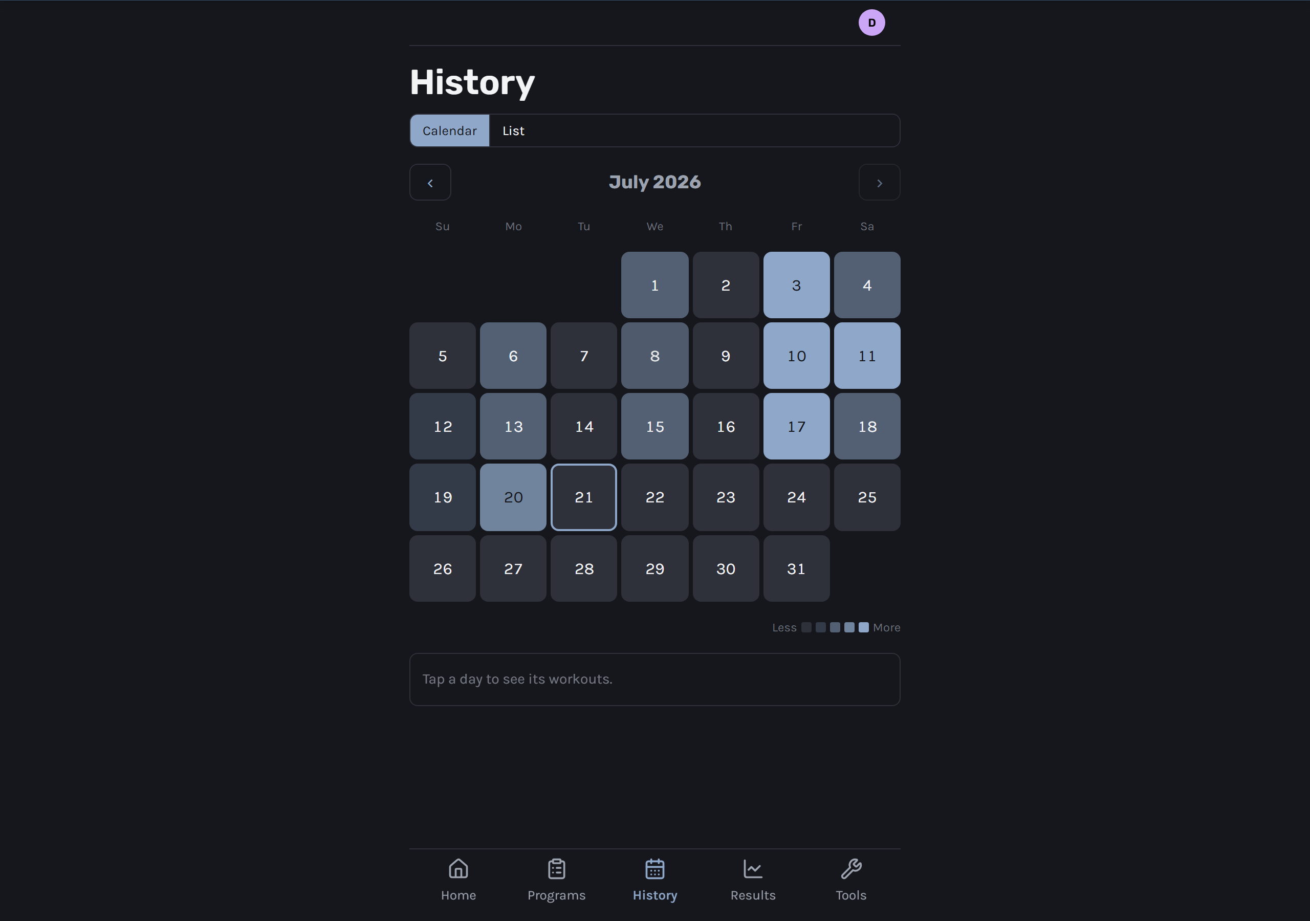 RepRepo's History page: a monthly calendar with training days highlighted, ready to tap through to that day's workout
