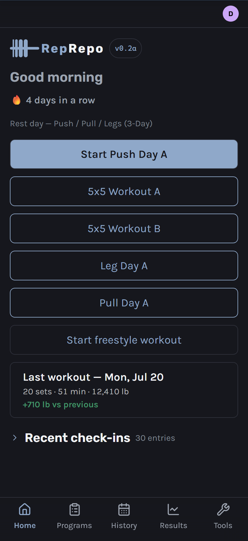 RepRepo's Home screen on mobile in dark mode, with the RepRepo wordmark, a good-morning greeting, and a start-workout button