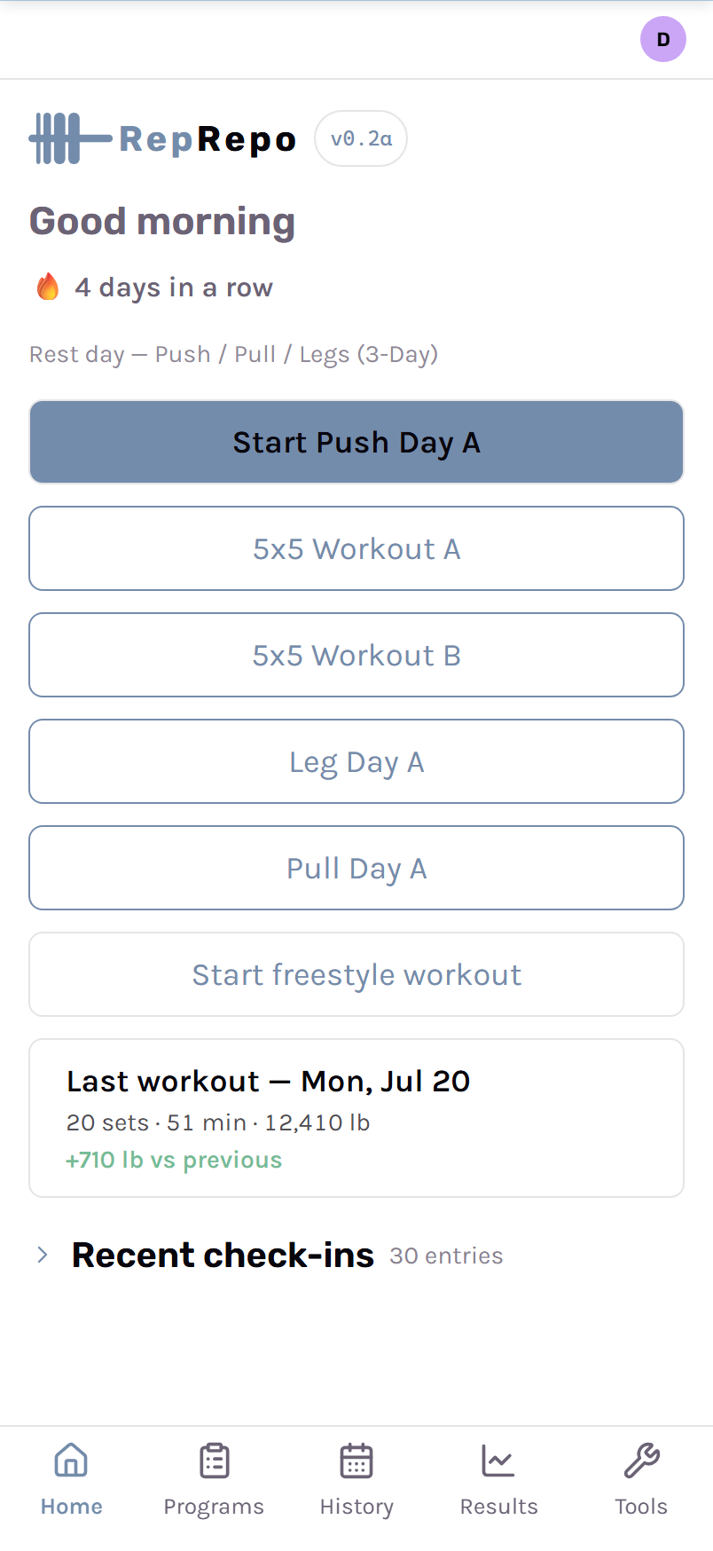 RepRepo's Home screen on mobile in light mode, with the RepRepo wordmark, a good-morning greeting, and a start-workout button