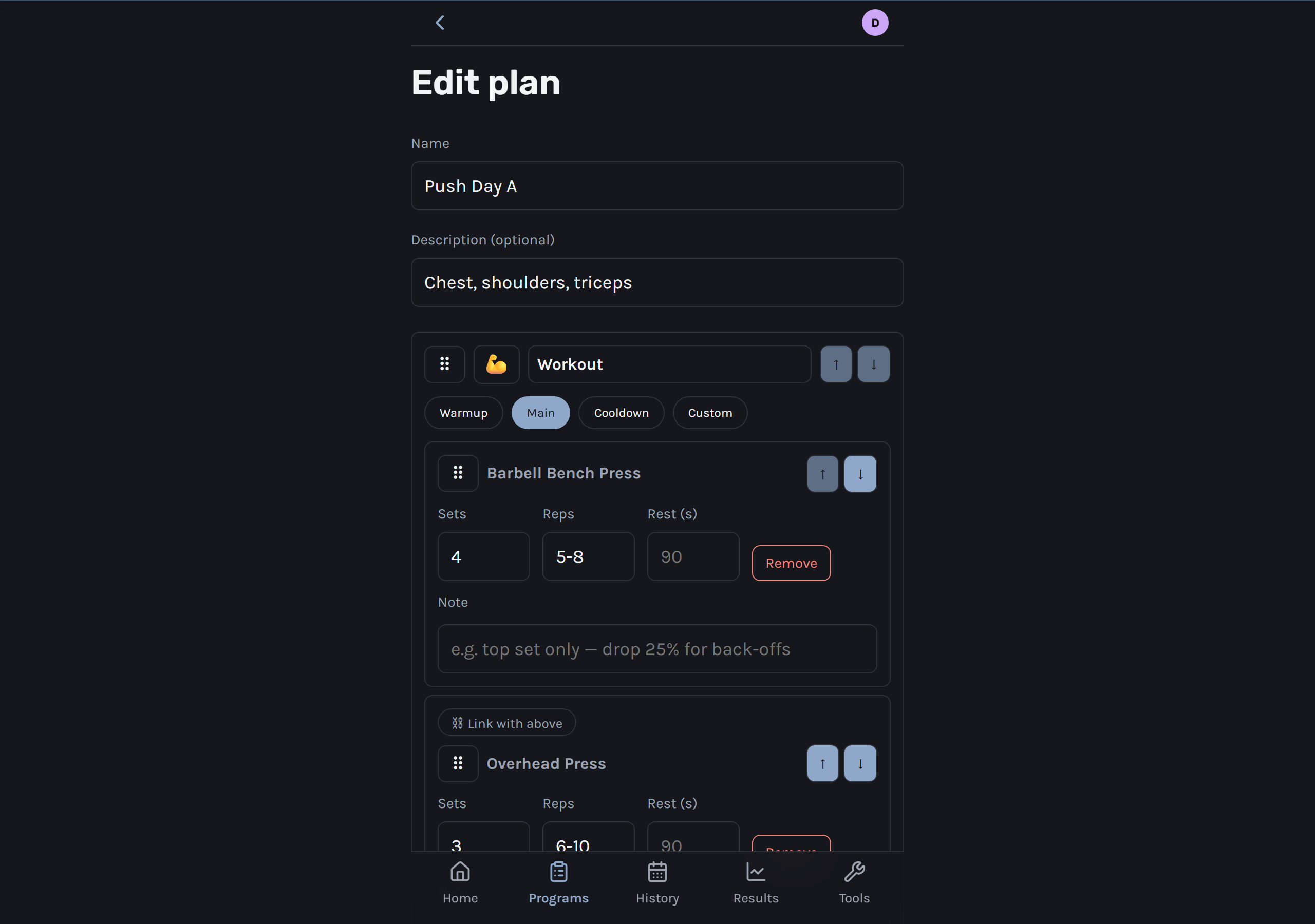 RepRepo's drag-and-drop Plan Builder editing a Push Day A workout, with Barbell Bench Press set to 4 sets of 5-8 reps and a 90 second rest, plus a linked Overhead Press below it
