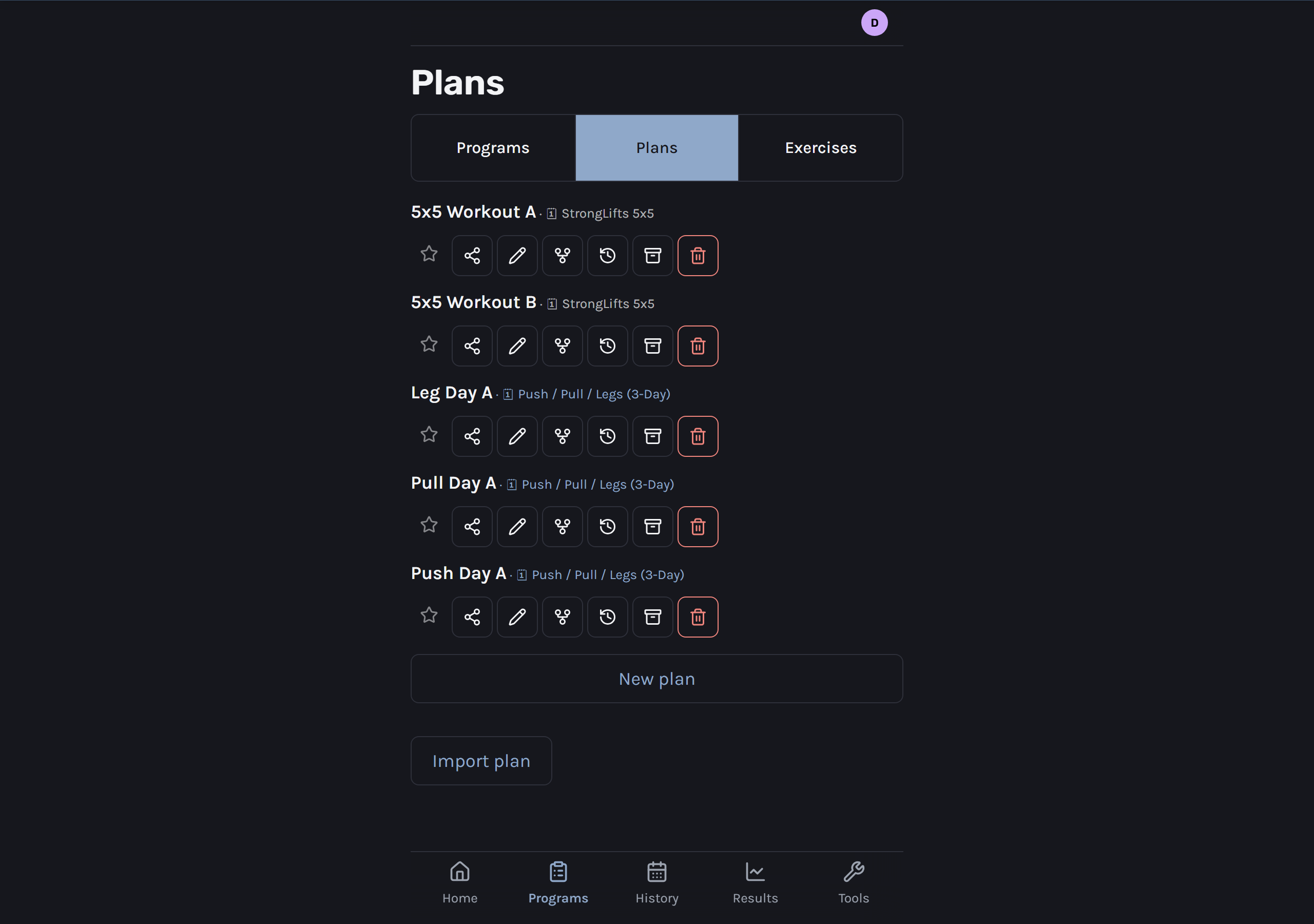 RepRepo's Plans list with 5x5 Workout A and B, and a Push/Pull/Legs 3-day split, each with share, edit, duplicate, history, archive, and delete actions