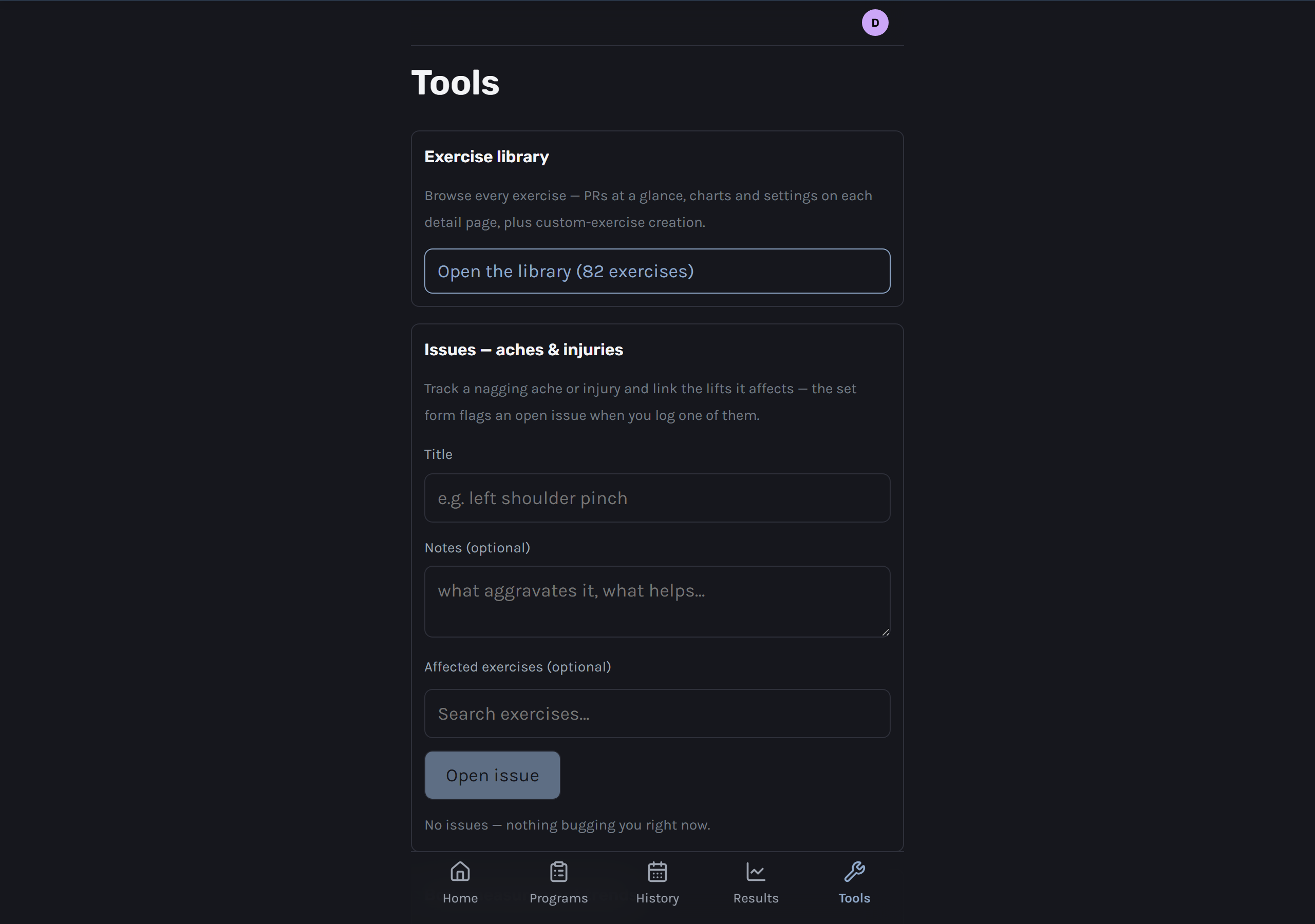 RepRepo's Tools page with a 74-exercise library and an aches-and-injuries tracker for logging a nagging issue and linking it to affected lifts