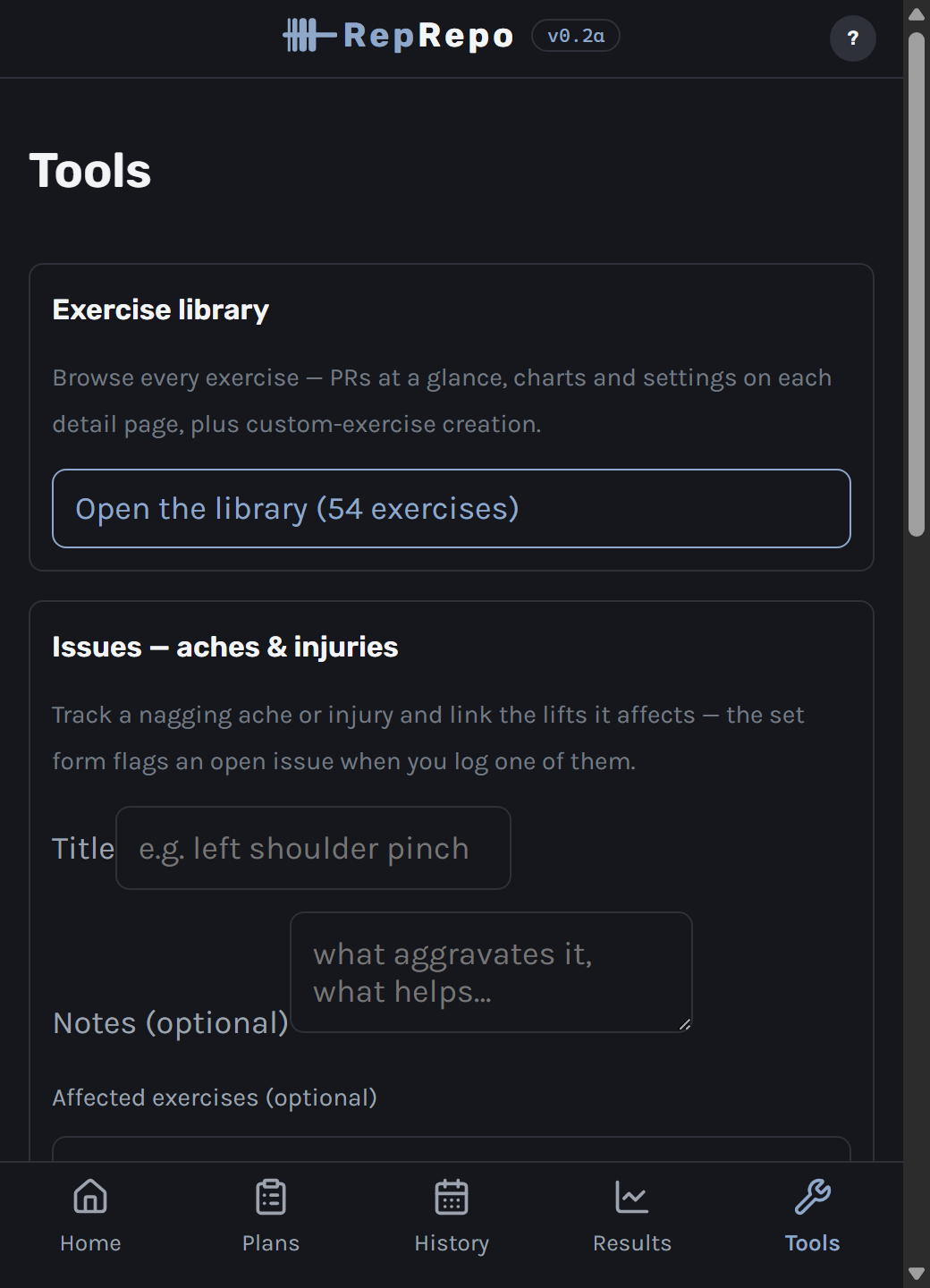 RepRepo's Tools page showing calculators alongside an aches-and-injuries section where an open issue is linked to specific exercises.